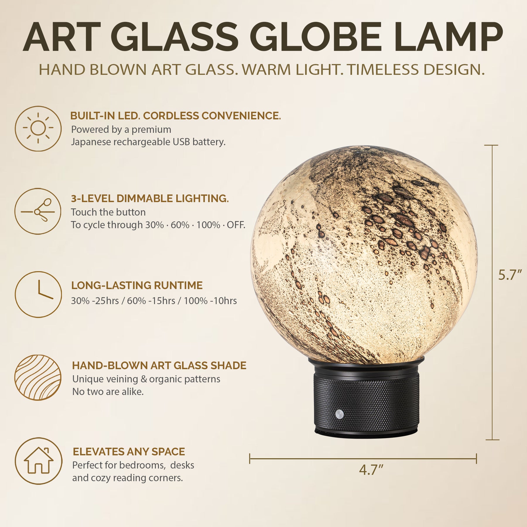 Hand-Blown Smoky Grey Glass Globe Cordless Rechargeable Table Lamp with Flicker-Free LED 3-Level Dimmable and Long-Lasting Battery Bedside Lamp