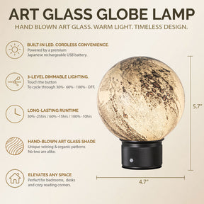 Hand-Blown Smoky Grey Glass Globe Cordless Rechargeable Table Lamp with Flicker-Free LED 3-Level Dimmable and Long-Lasting Battery Bedside Lamp