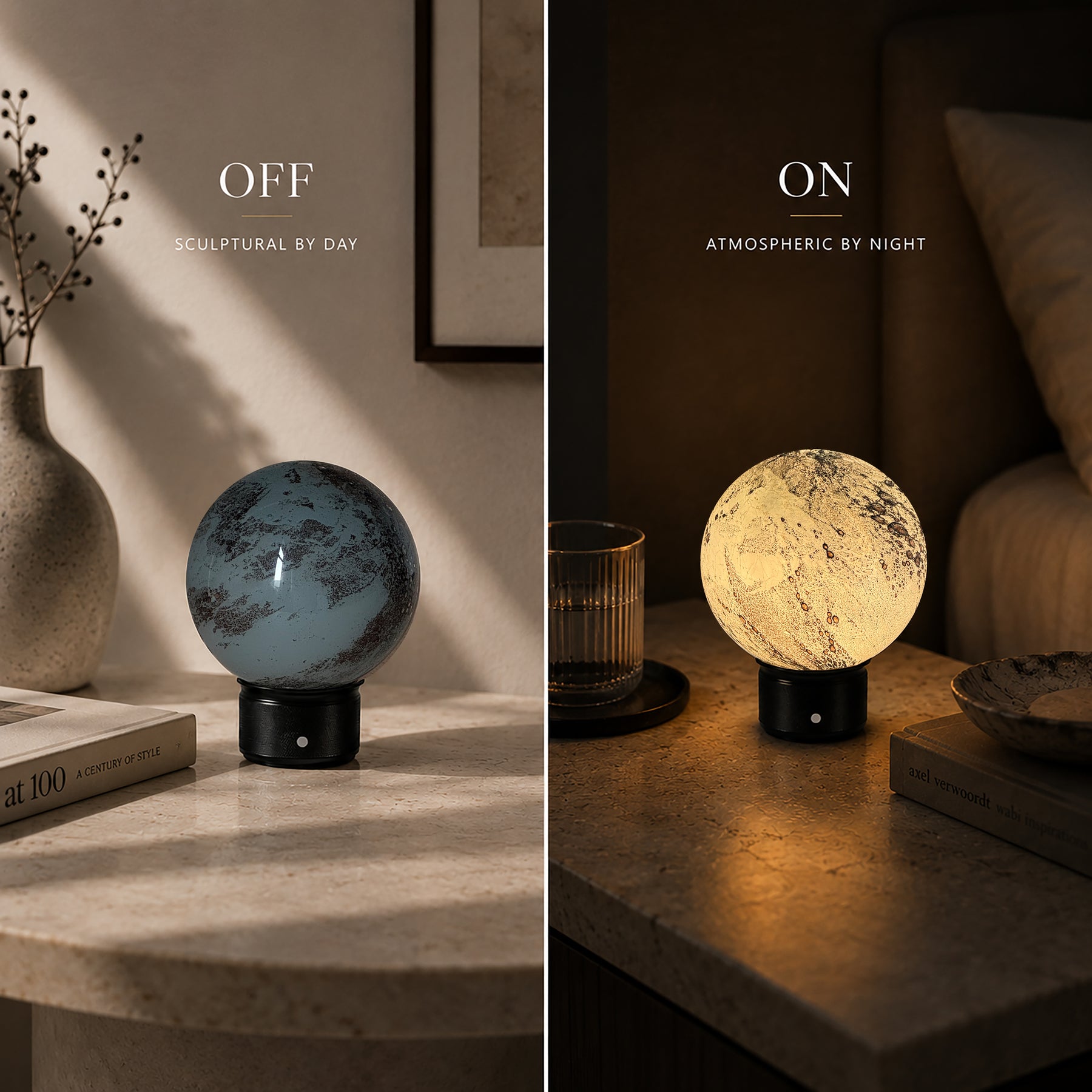 Hand-Blown Smoky Grey Glass Globe Cordless Rechargeable Table Lamp with Flicker-Free LED 3-Level Dimmable and Long-Lasting Battery Bedside Lamp