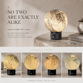 Hand-Blown Smoky Grey Glass Globe Cordless Rechargeable Table Lamp with Flicker-Free LED 3-Level Dimmable and Long-Lasting Battery Bedside Lamp