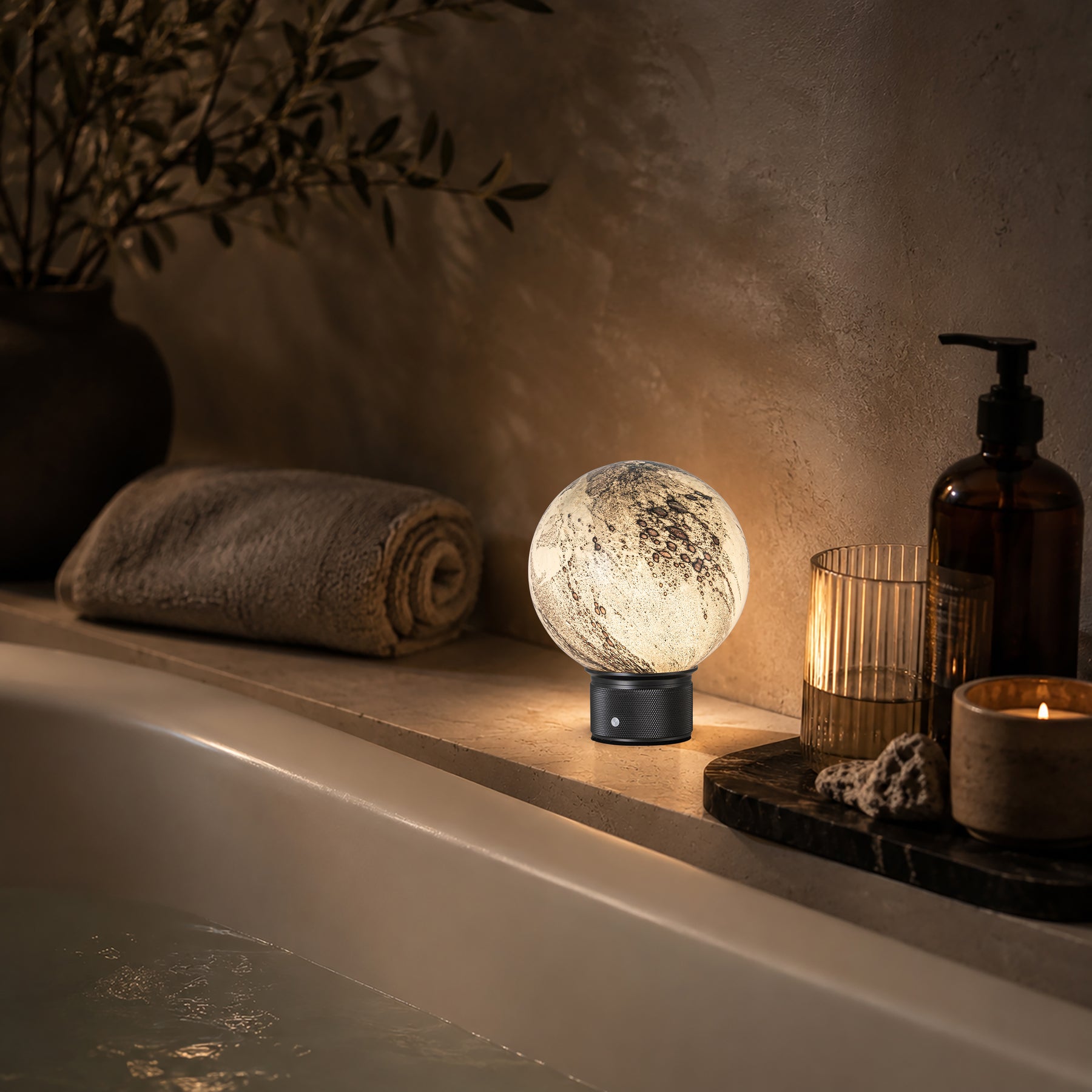 Hand-Blown Smoky Grey Glass Globe Cordless Rechargeable Table Lamp with Flicker-Free LED 3-Level Dimmable and Long-Lasting Battery Bedside Lamp