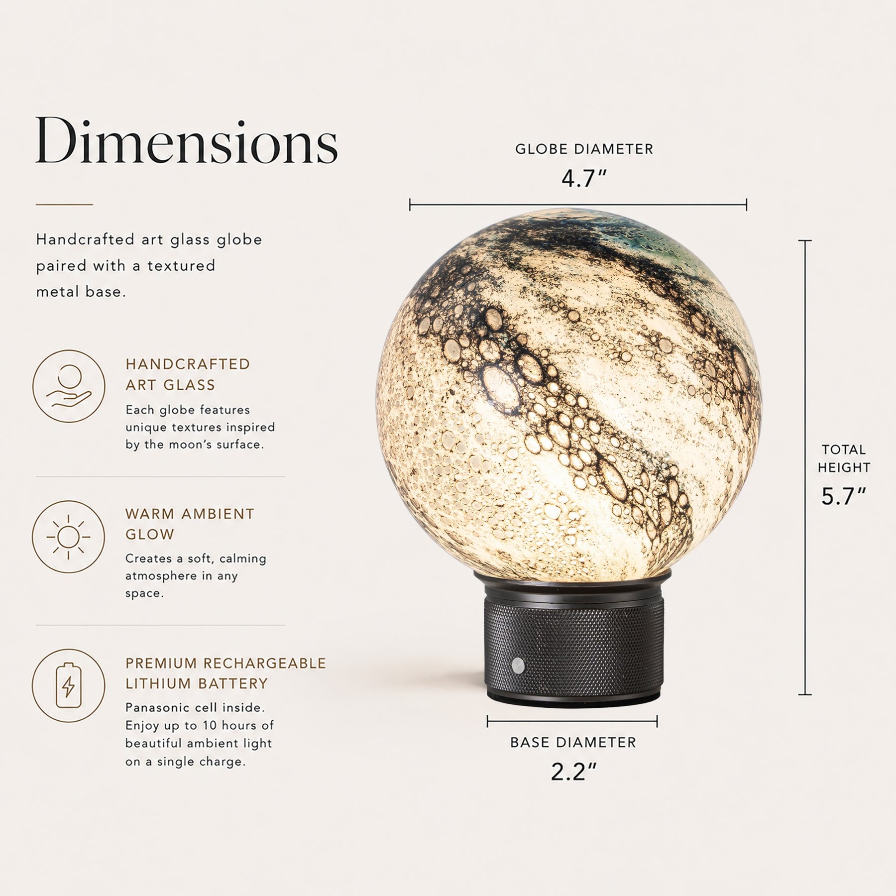 Hand-Blown Cosmic Blue Glass Globe Cordless Rechargeable Table Lamp with Flicker-Free LED 3-Level Dimmable and Long-Lasting Battery Bedside Lamp