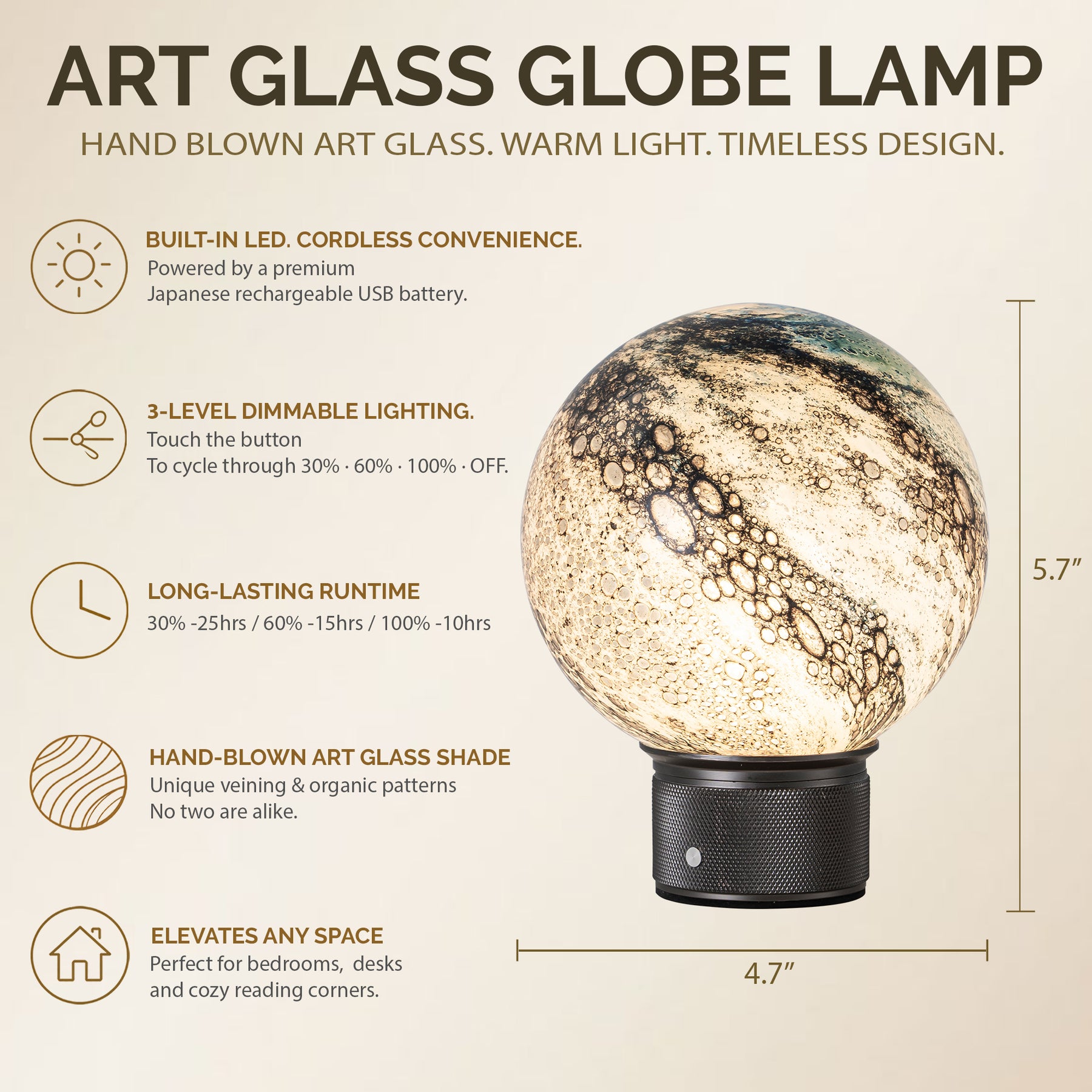 Hand-Blown Cosmic Blue Glass Globe Cordless Rechargeable Table Lamp with Flicker-Free LED 3-Level Dimmable and Long-Lasting Battery Bedside Lamp