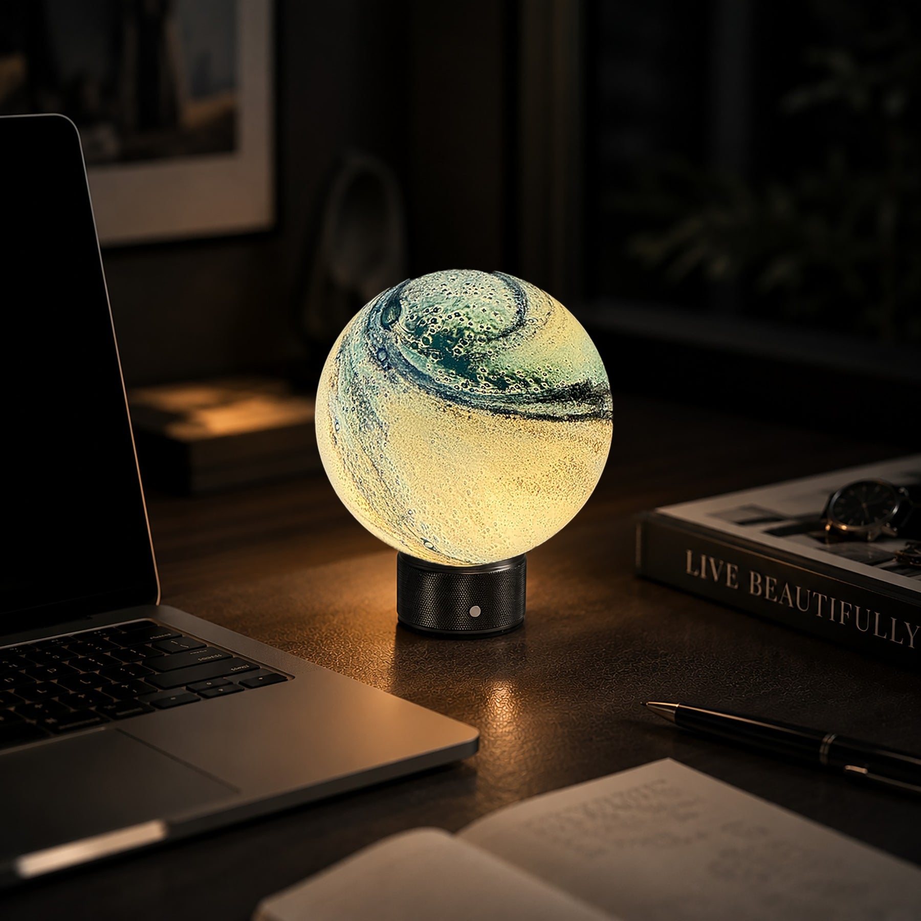 Hand-Blown Cosmic Blue Glass Globe Cordless Rechargeable Table Lamp with Flicker-Free LED 3-Level Dimmable and Long-Lasting Battery Bedside Lamp