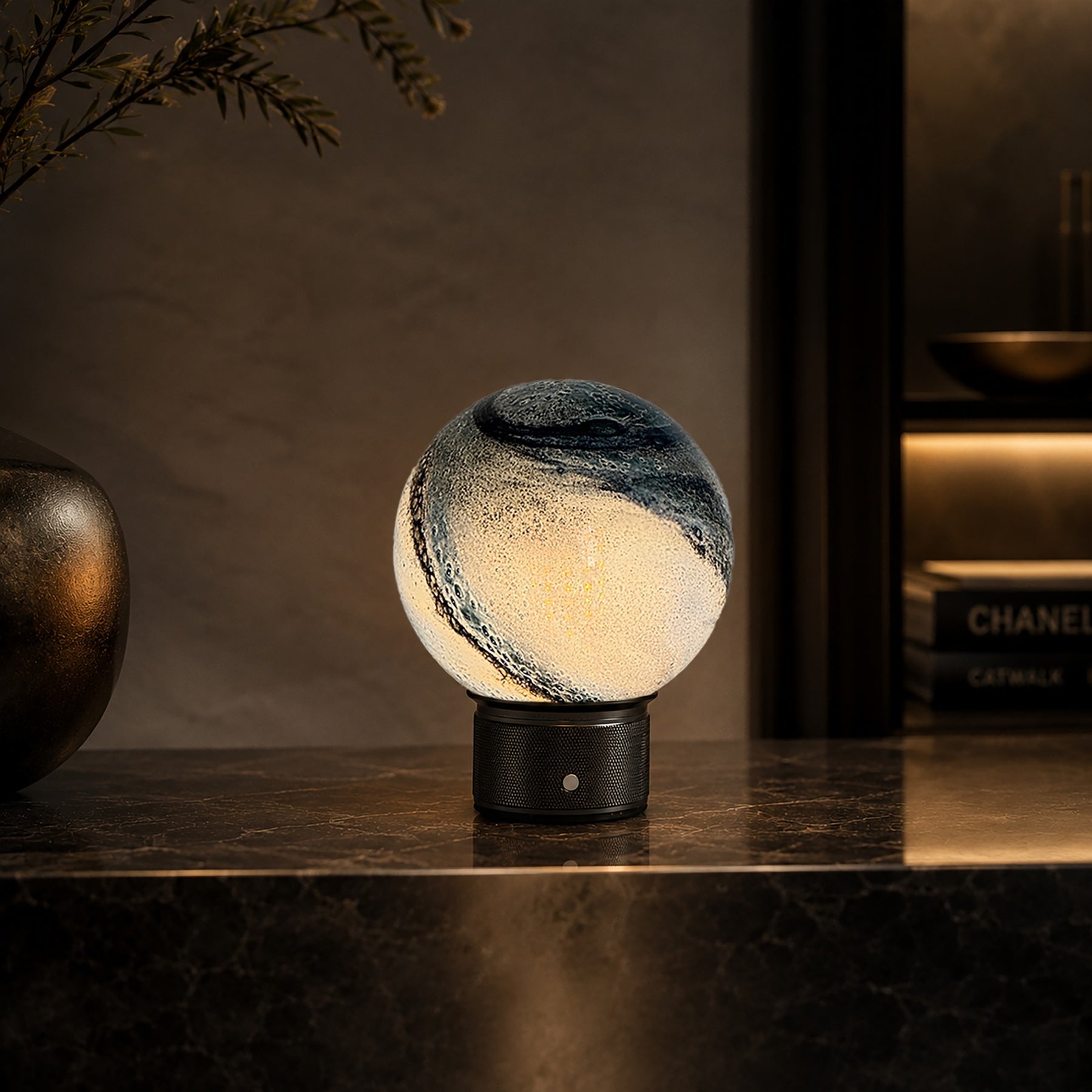 Hand-Blown Cosmic Blue Glass Globe Cordless Rechargeable Table Lamp with Flicker-Free LED 3-Level Dimmable and Long-Lasting Battery Bedside Lamp