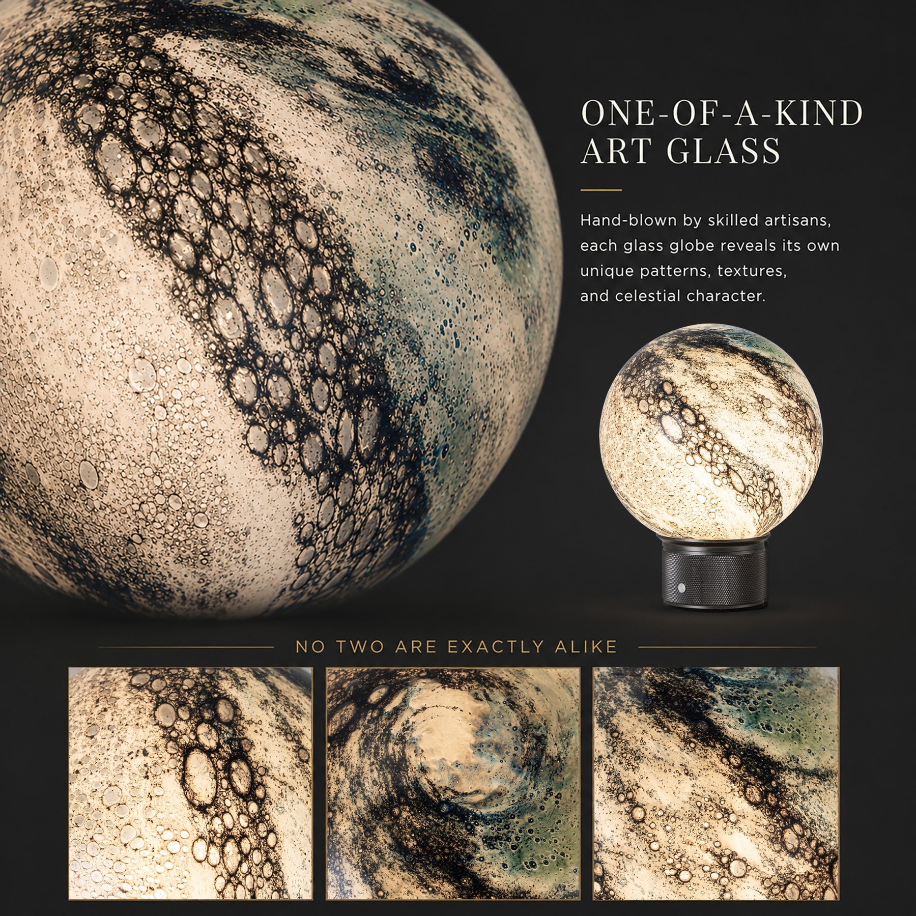 Hand-Blown Cosmic Blue Glass Globe Cordless Rechargeable Table Lamp with Flicker-Free LED 3-Level Dimmable and Long-Lasting Battery Bedside Lamp