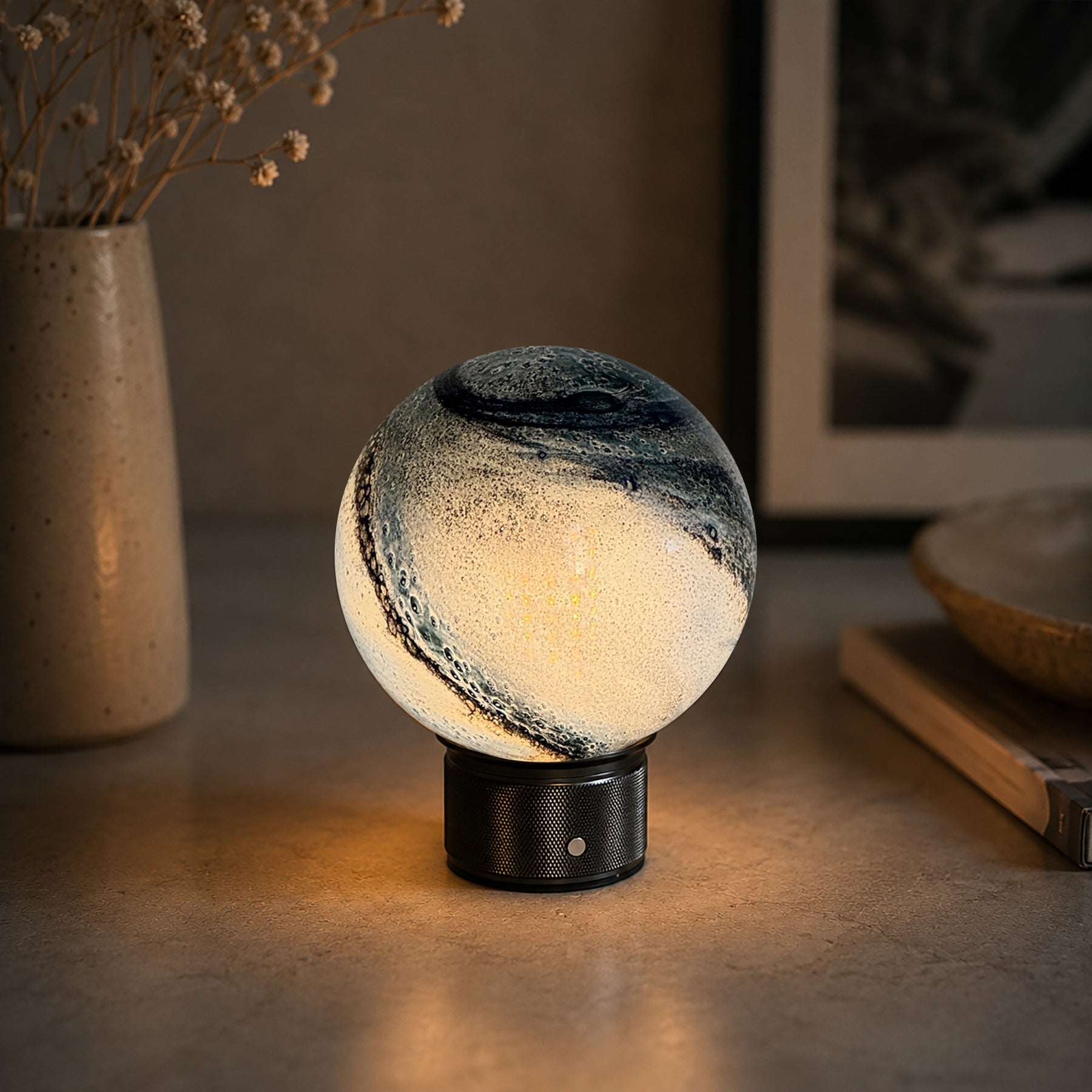 Hand-Blown Cosmic Blue Glass Globe Cordless Rechargeable Table Lamp with Flicker-Free LED 3-Level Dimmable and Long-Lasting Battery Bedside Lamp