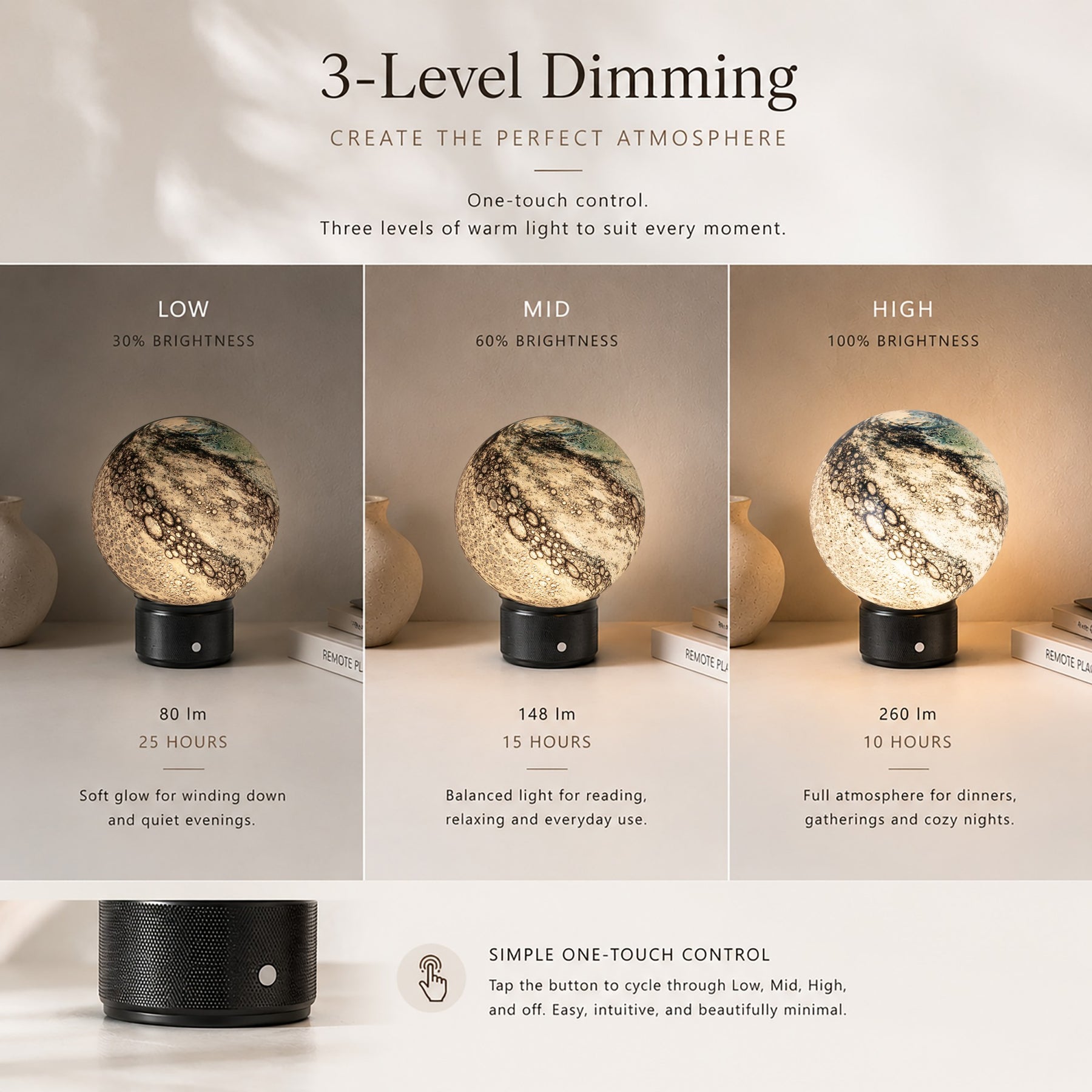 Hand-Blown Cosmic Blue Glass Globe Cordless Rechargeable Table Lamp with Flicker-Free LED 3-Level Dimmable and Long-Lasting Battery Bedside Lamp