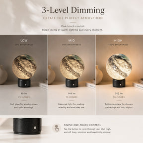 Hand-Blown Cosmic Blue Glass Globe Cordless Rechargeable Table Lamp with Flicker-Free LED 3-Level Dimmable and Long-Lasting Battery Bedside Lamp