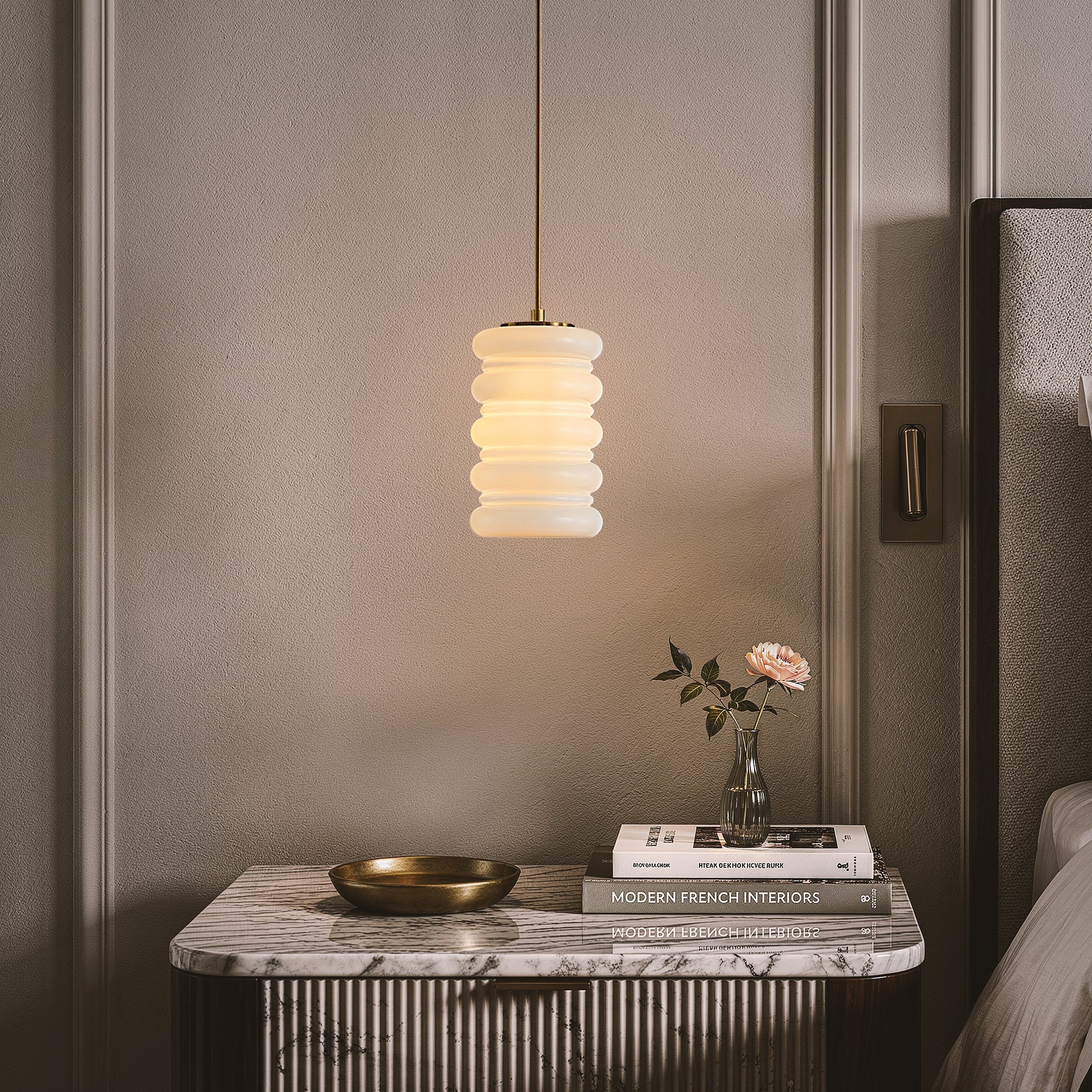 1-Light Modern Satin Brass Pendant Light for Kitchen Island Dining Room and Entryway with Stacked Opal Glass Shade
