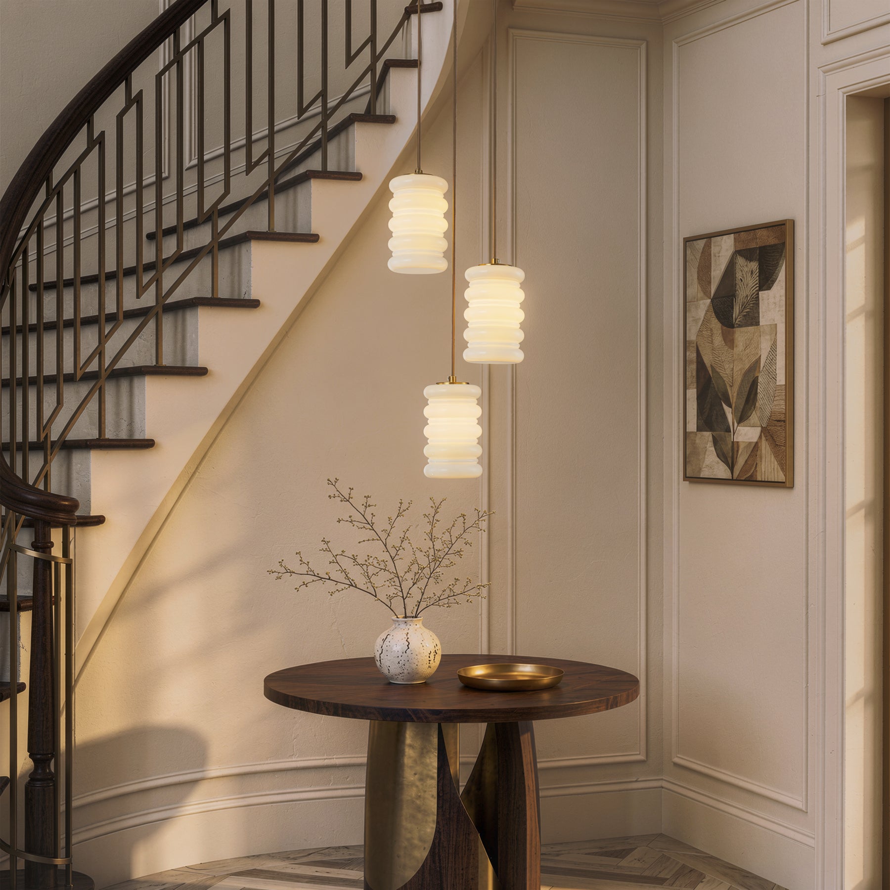 3-Light Cluster Pendant Light for Stairwell, Satin Brass Hanging Fixture with Stacked Opal Glass Shades, Modern Chandelier for Entryway, Small Foyer and High Ceilings
