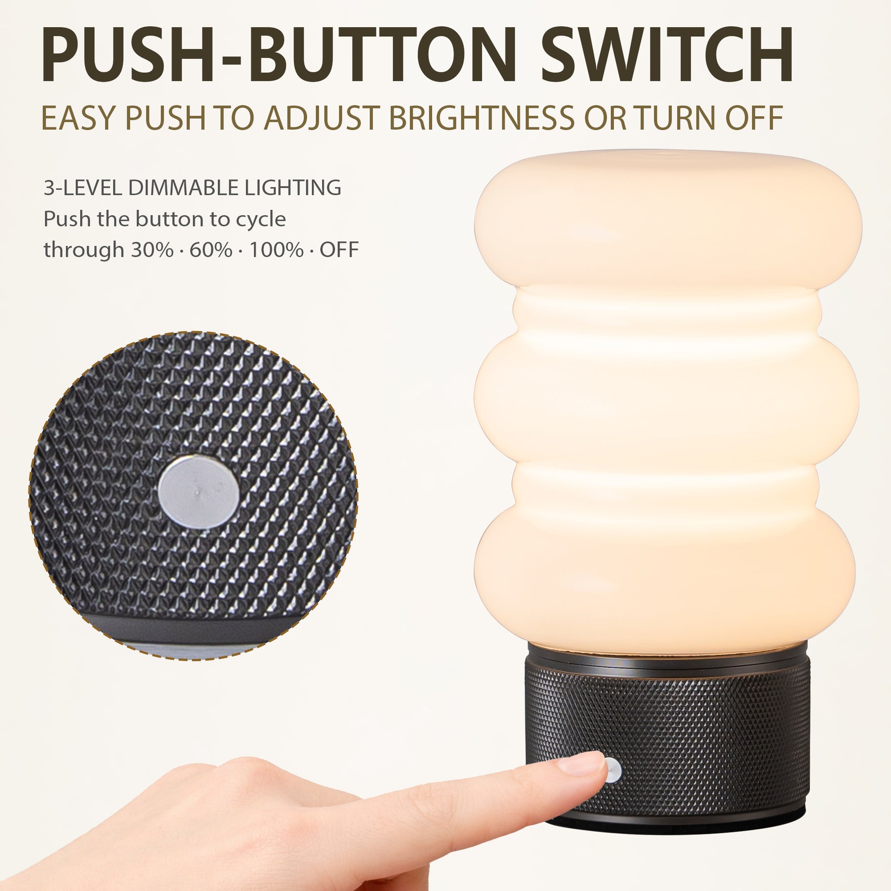 Opal Glass Cordless Rechargeable Table Lamp 3-Level Dimmable Flicker-Free LED Bedside Nightstand Lamp with Long-Lasting Battery for Bedroom