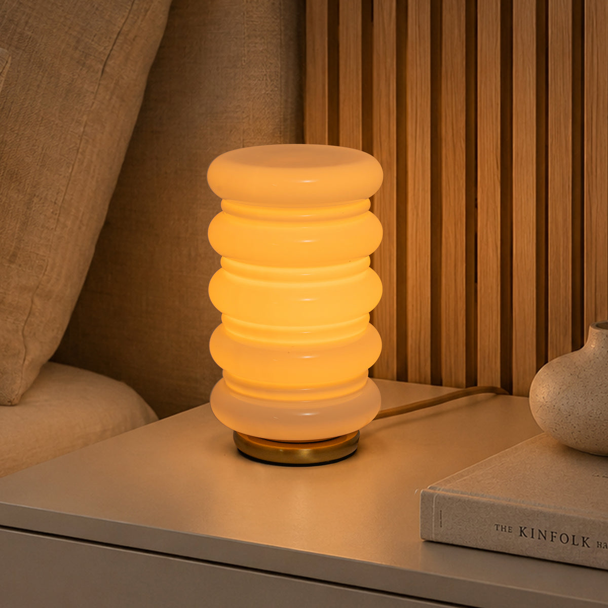 Modern Stacked Opal Glass Table Lamp with Warm Brass Finish, Sculptural Accent Lamp for Bedroom, Living Room, Bedside, Home Office and Reading Nook
