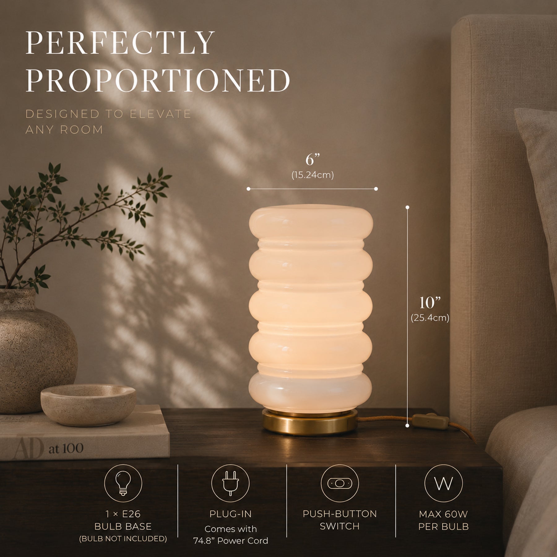 Modern Stacked Opal Glass Table Lamp with Warm Brass Finish, Sculptural Accent Lamp for Bedroom, Living Room, Bedside, Home Office and Reading Nook