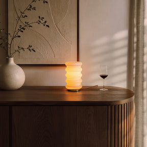 Modern Stacked Opal Glass Table Lamp with Warm Brass Finish, Sculptural Accent Lamp for Bedroom, Living Room, Bedside, Home Office and Reading Nook