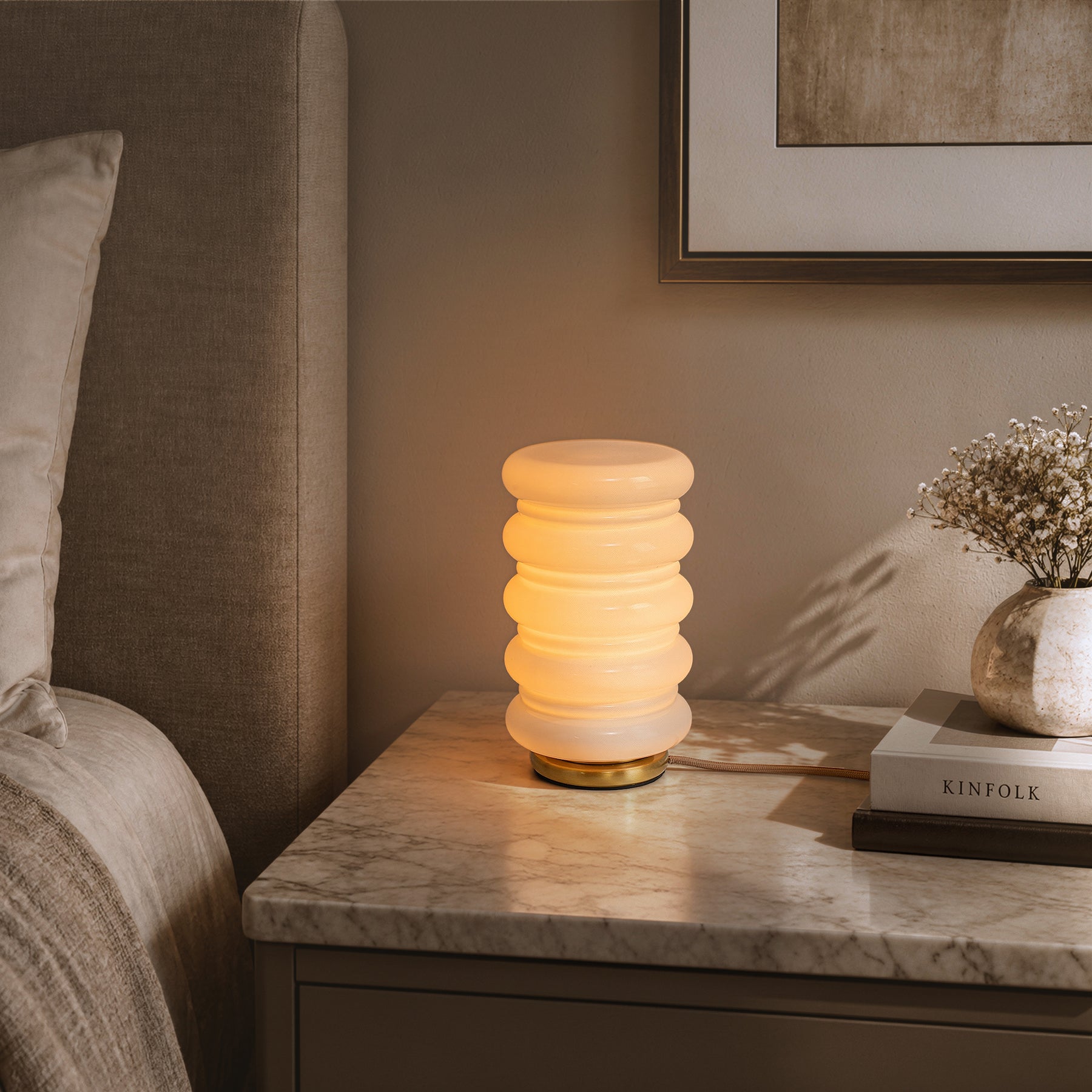 Modern Stacked Opal Glass Table Lamp with Warm Brass Finish, Sculptural Accent Lamp for Bedroom, Living Room, Bedside, Home Office and Reading Nook