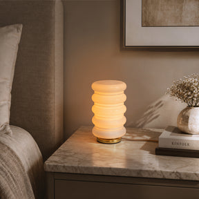 Modern Stacked Opal Glass Table Lamp with Warm Brass Finish, Sculptural Accent Lamp for Bedroom, Living Room, Bedside, Home Office and Reading Nook