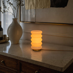 Modern Stacked Opal Glass Table Lamp with Warm Brass Finish, Sculptural Accent Lamp for Bedroom, Living Room, Bedside, Home Office and Reading Nook