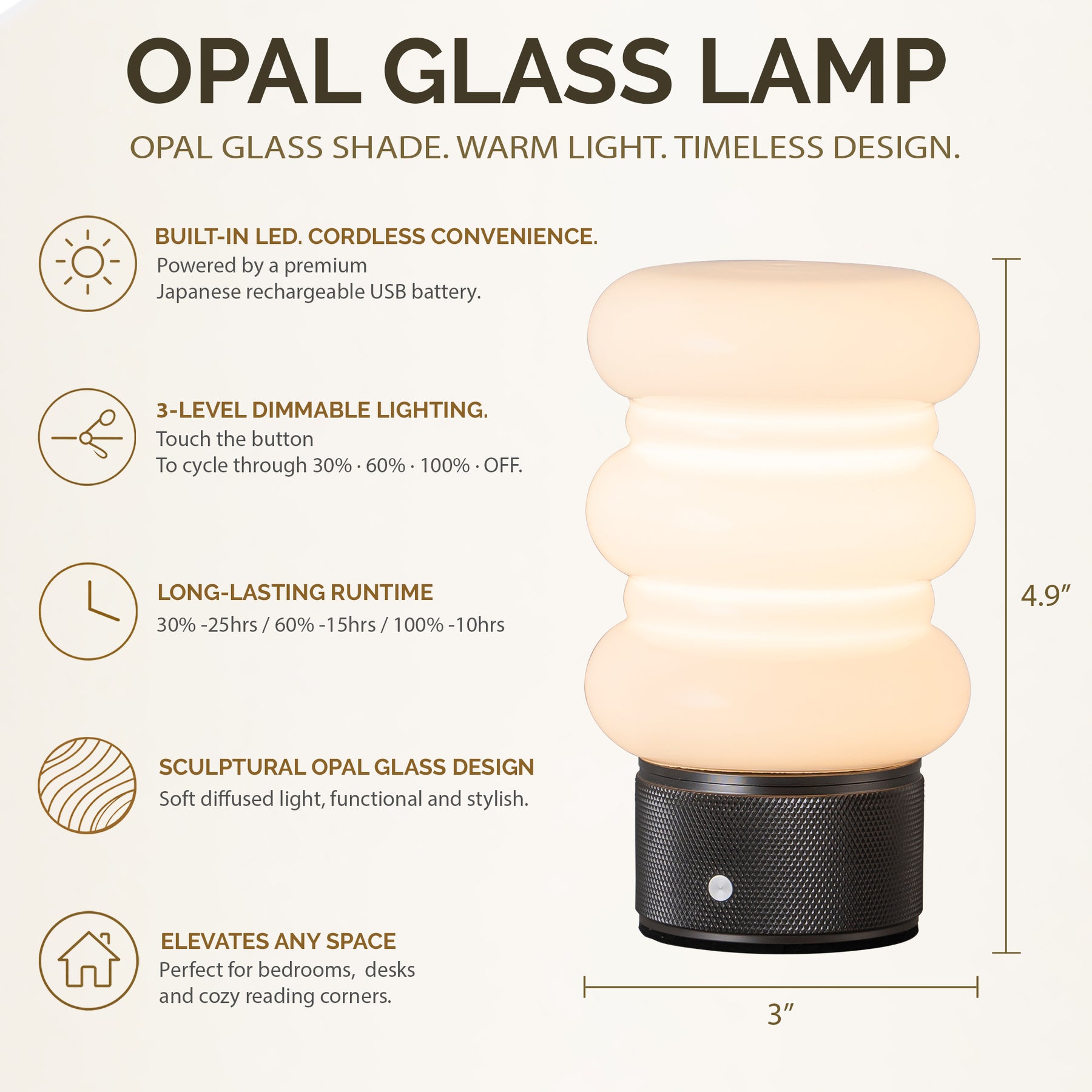 Opal Glass Cordless Rechargeable Table Lamp 3-Level Dimmable Flicker-Free LED Bedside Nightstand Lamp with Long-Lasting Battery for Bedroom