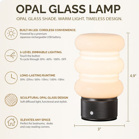 Opal Glass Cordless Rechargeable Table Lamp 3-Level Dimmable Flicker-Free LED Bedside Nightstand Lamp with Long-Lasting Battery for Bedroom