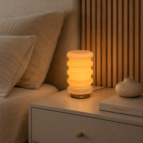 Modern Stacked Opal Glass Table Lamp with Warm Brass Finish, Sculptural Accent Lamp for Bedroom, Living Room, Bedside, Home Office and Reading Nook