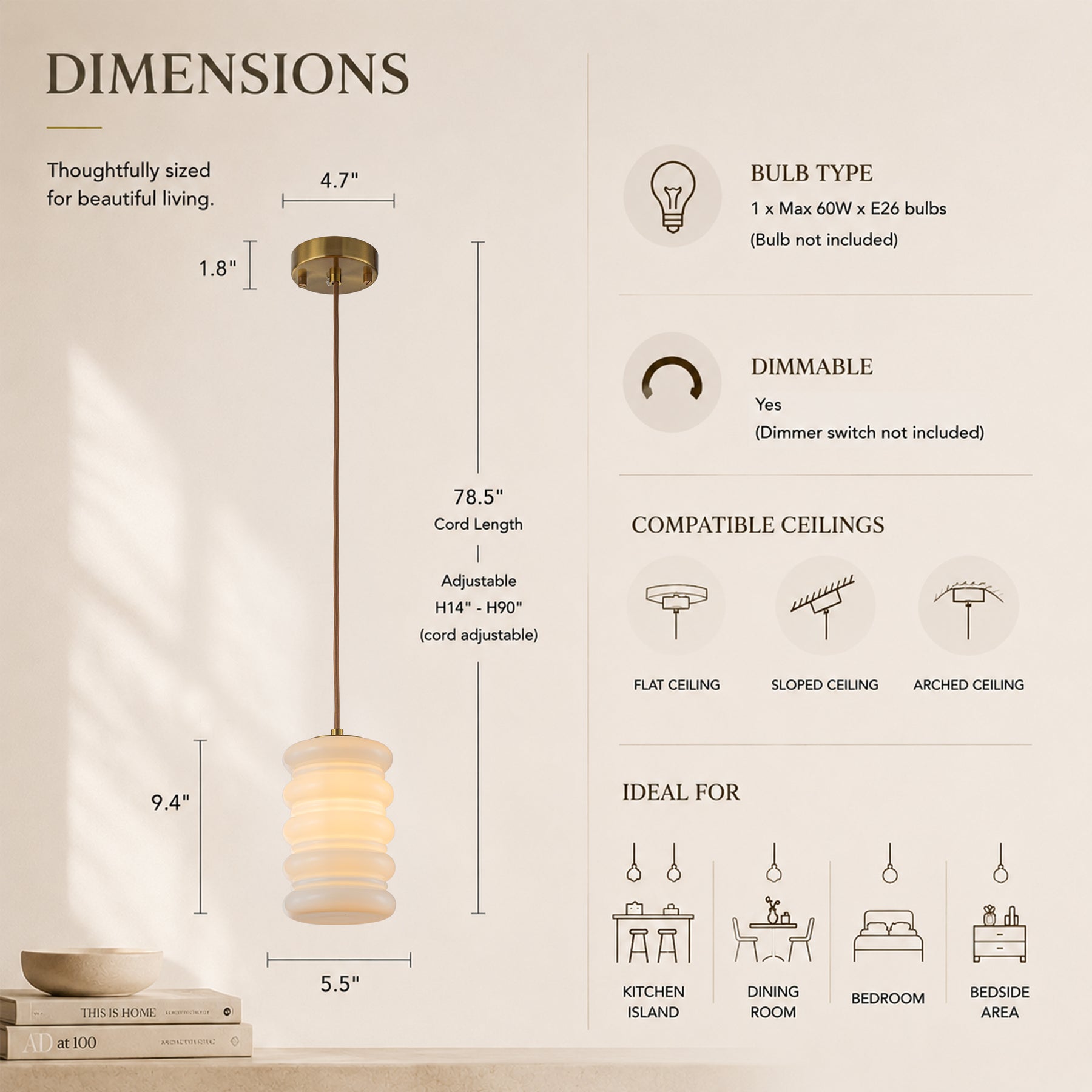 1-Light Modern Satin Brass Pendant Light for Kitchen Island Dining Room and Entryway with Stacked Opal Glass Shade