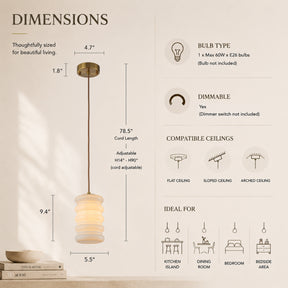 1-Light Modern Satin Brass Pendant Light for Kitchen Island Dining Room and Entryway with Stacked Opal Glass Shade