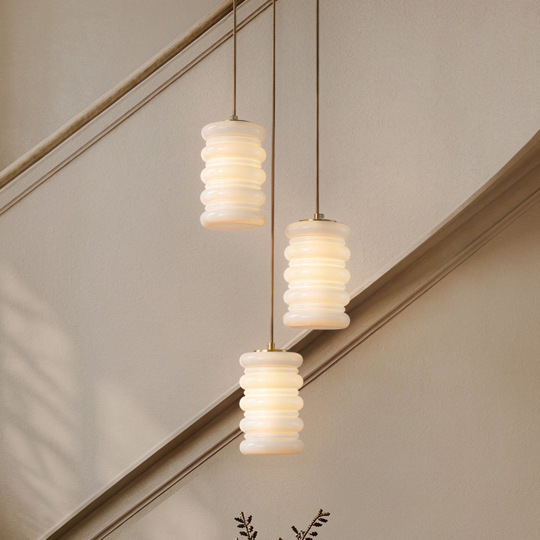 3-Light Cluster Pendant Light for Stairwell, Satin Brass Hanging Fixture with Stacked Opal Glass Shades, Modern Chandelier for Entryway, Small Foyer and High Ceilings