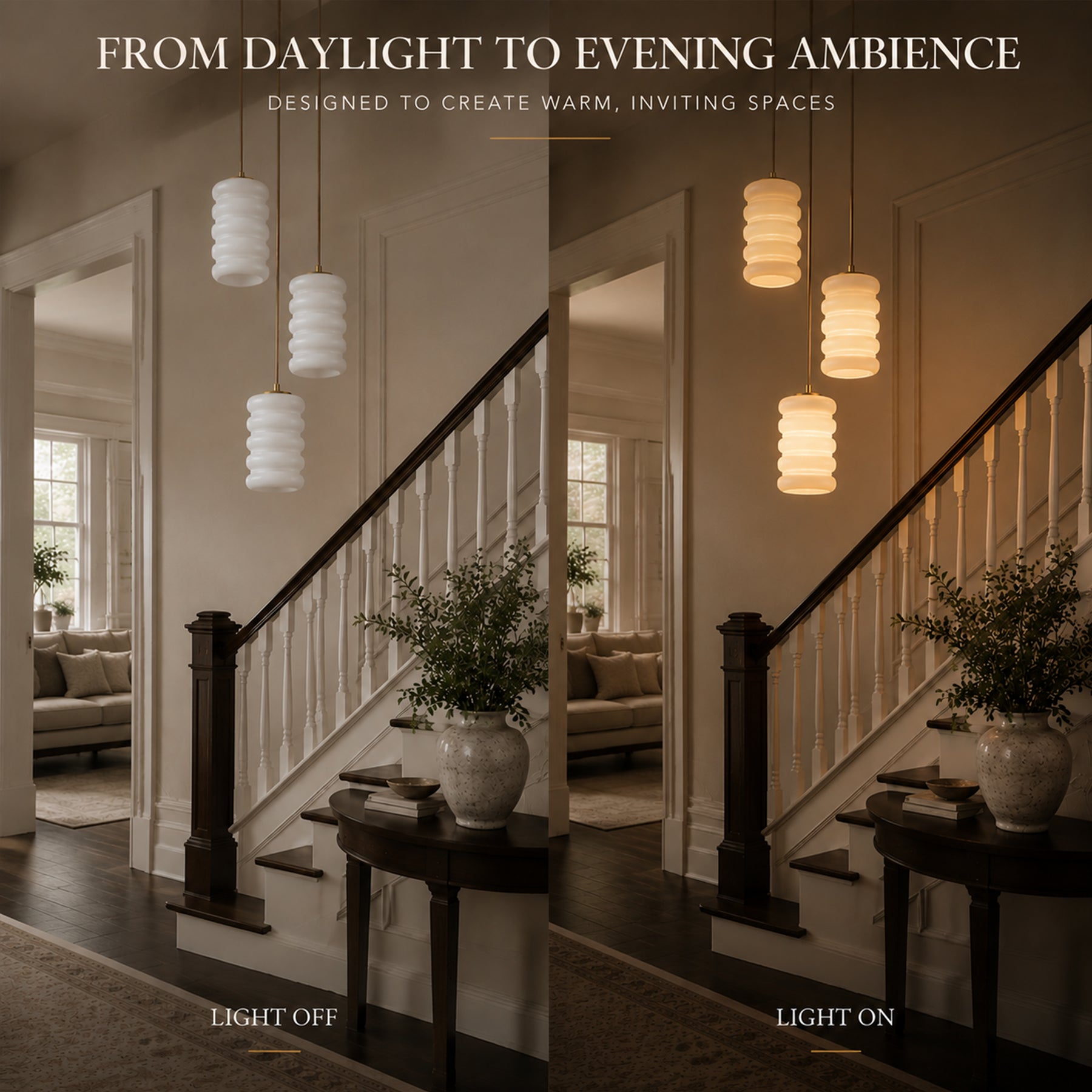 3-Light Cluster Pendant Light for Stairwell, Satin Brass Hanging Fixture with Stacked Opal Glass Shades, Modern Chandelier for Entryway, Small Foyer and High Ceilings