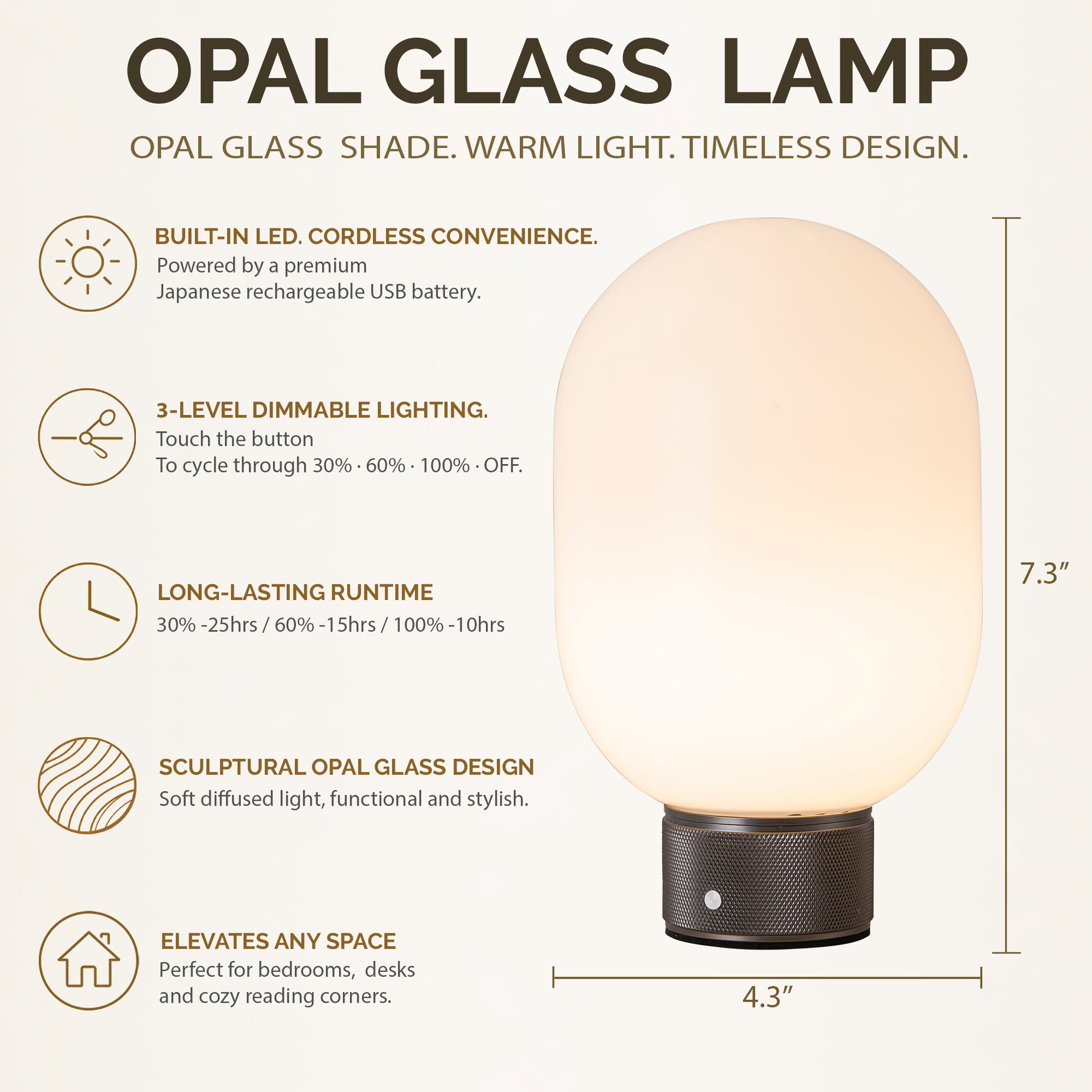 Modern Opal Glass Cordless Rechargeable Table Lamp Unique/Statement Dimmable LED Bedside Lamp For Cozy Bedroom