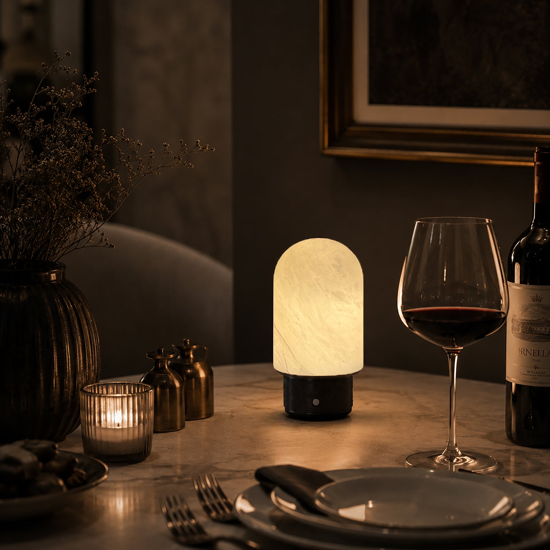 Natural Spanish Alabaster Cordless Rechargeable Dome Table Lamp with 3-Level Dimmable Flicker-Free LED and Long-Lasting Battery Bedside Lamp