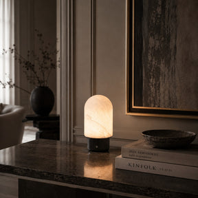 Natural Spanish Alabaster Cordless Rechargeable Dome Table Lamp with 3-Level Dimmable Flicker-Free LED and Long-Lasting Battery Bedside Lamp