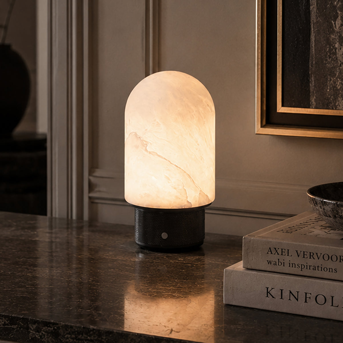 Natural Spanish Alabaster Cordless Rechargeable Dome Table Lamp with 3-Level Dimmable Flicker-Free LED and Long-Lasting Battery Bedside Lamp