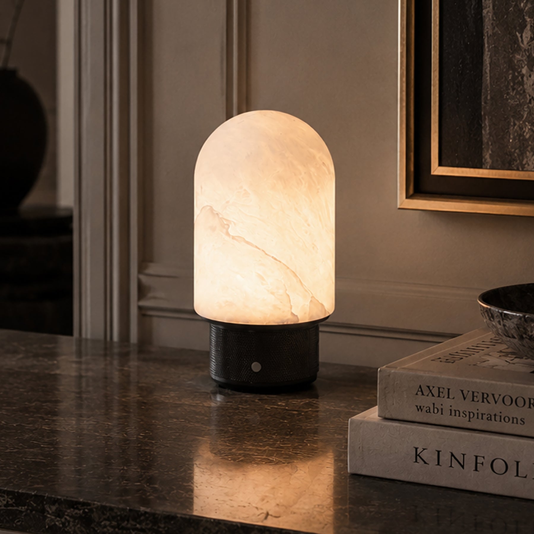 Natural Spanish Alabaster Cordless Rechargeable Dome Table Lamp with 3-Level Dimmable Flicker-Free LED and Long-Lasting Battery Bedside Lamp