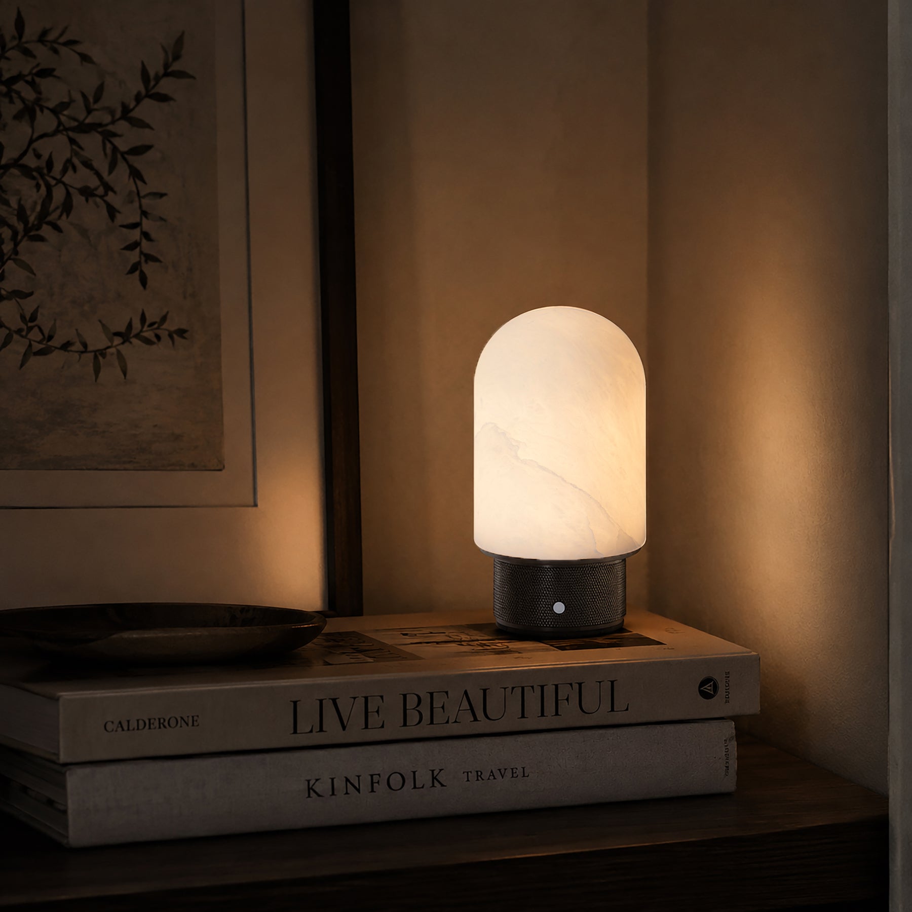Natural Spanish Alabaster Cordless Rechargeable Dome Table Lamp with 3-Level Dimmable Flicker-Free LED and Long-Lasting Battery Bedside Lamp