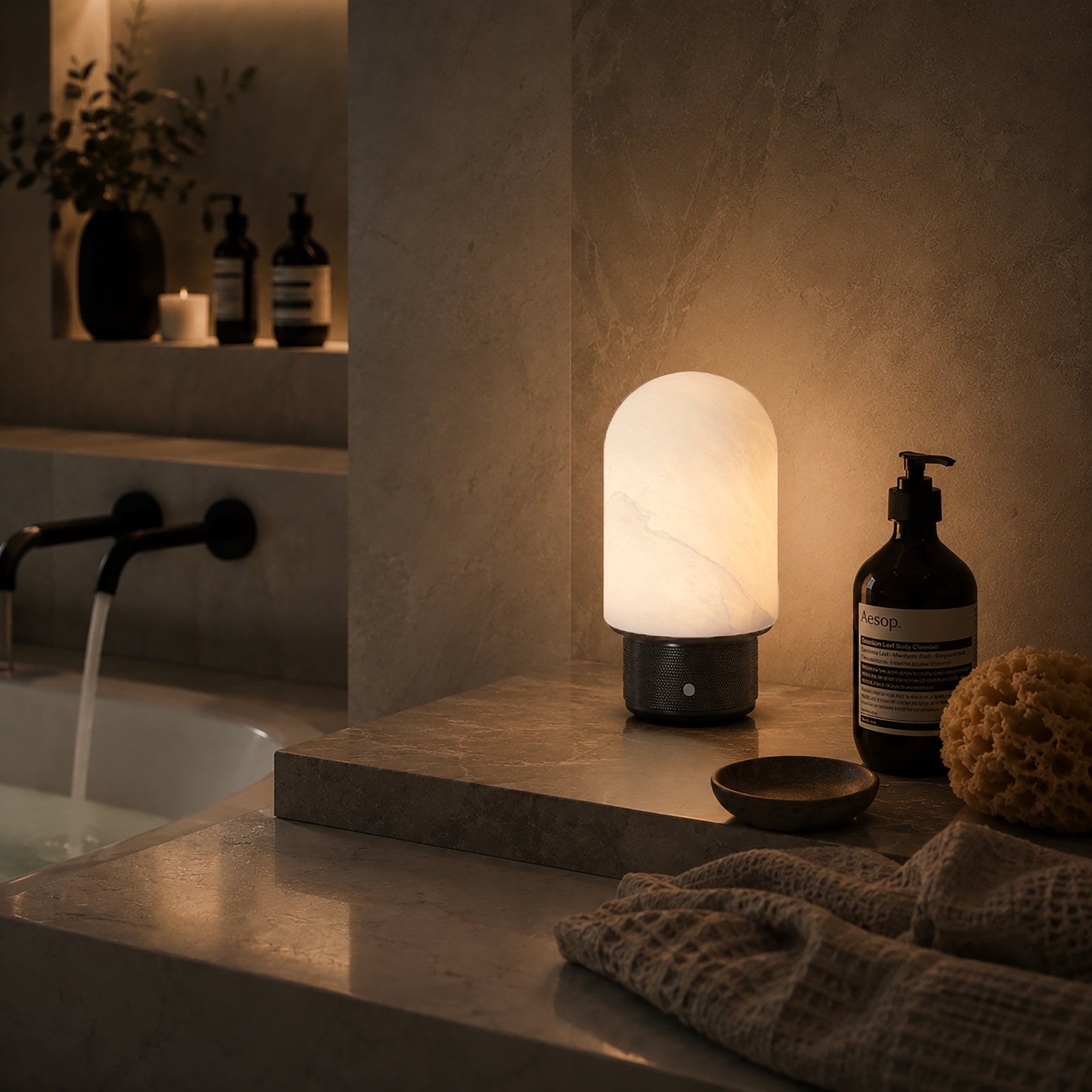 Natural Spanish Alabaster Cordless Rechargeable Dome Table Lamp with 3-Level Dimmable Flicker-Free LED and Long-Lasting Battery Bedside Lamp