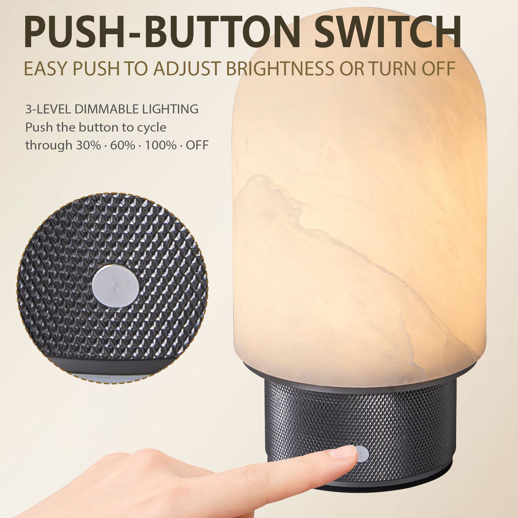 Natural Spanish Alabaster Cordless Rechargeable Dome Table Lamp with 3-Level Dimmable Flicker-Free LED and Long-Lasting Battery Bedside Lamp