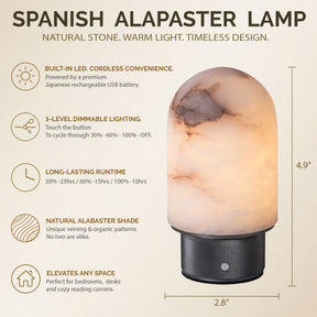 Natural Spanish Alabaster Cordless Rechargeable Dome Table Lamp with 3-Level Dimmable Flicker-Free LED and Long-Lasting Battery Bedside Lamp