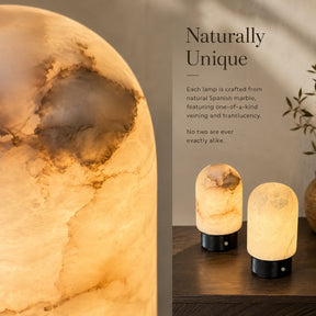 Natural Spanish Alabaster Cordless Rechargeable Dome Table Lamp with 3-Level Dimmable Flicker-Free LED and Long-Lasting Battery Bedside Lamp