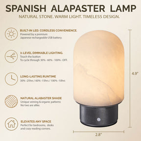 Natural Spanish Alabaster Cordless Rechargeable Dome Table Lamp with 3-Level Dimmable Flicker-Free LED and Long-Lasting Battery Bedside Lamp