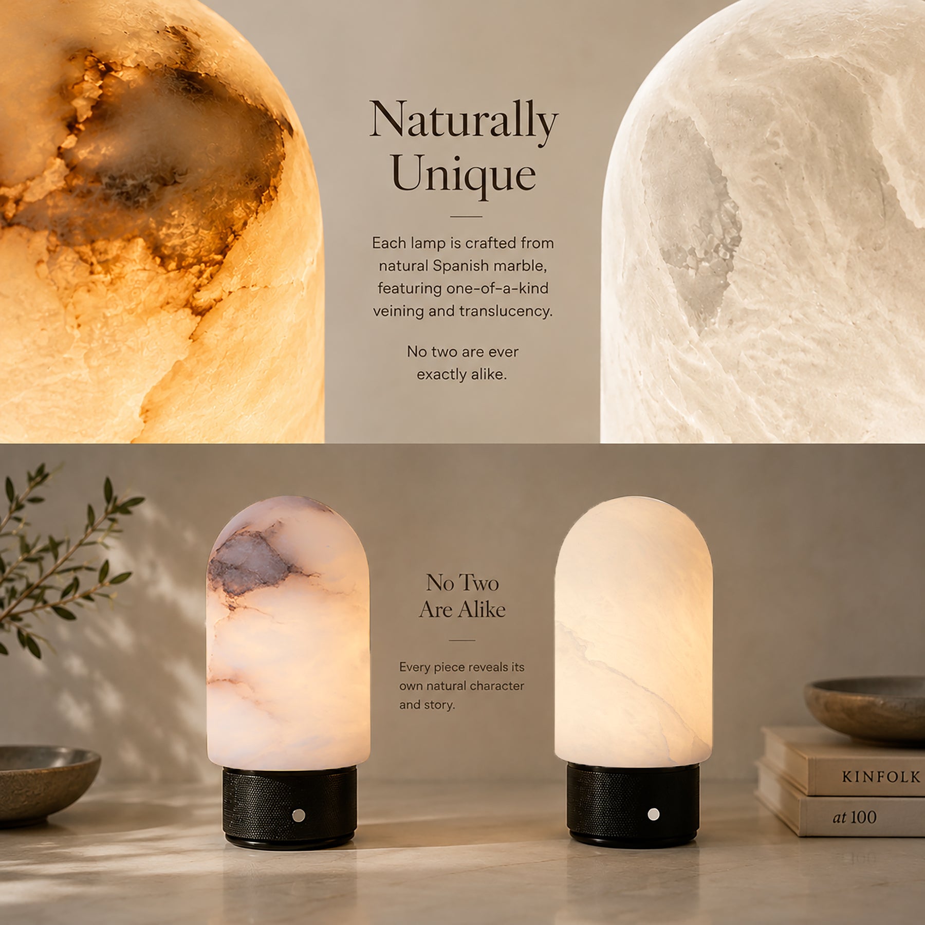 Natural Spanish Alabaster Cordless Rechargeable Dome Table Lamp with 3-Level Dimmable Flicker-Free LED and Long-Lasting Battery Bedside Lamp