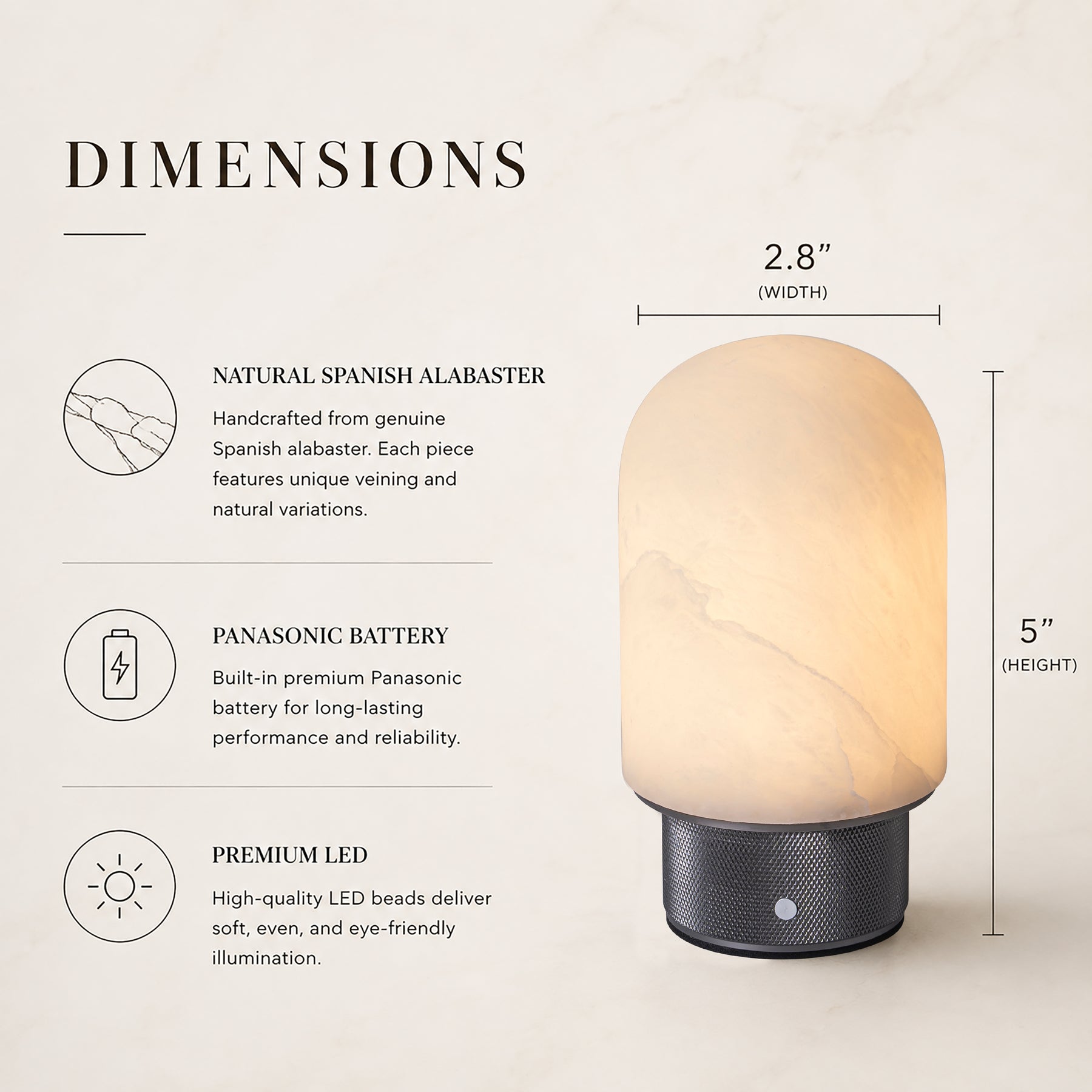 Natural Spanish Alabaster Cordless Rechargeable Dome Table Lamp with 3-Level Dimmable Flicker-Free LED and Long-Lasting Battery Bedside Lamp