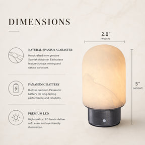 Natural Spanish Alabaster Cordless Rechargeable Dome Table Lamp with 3-Level Dimmable Flicker-Free LED and Long-Lasting Battery Bedside Lamp