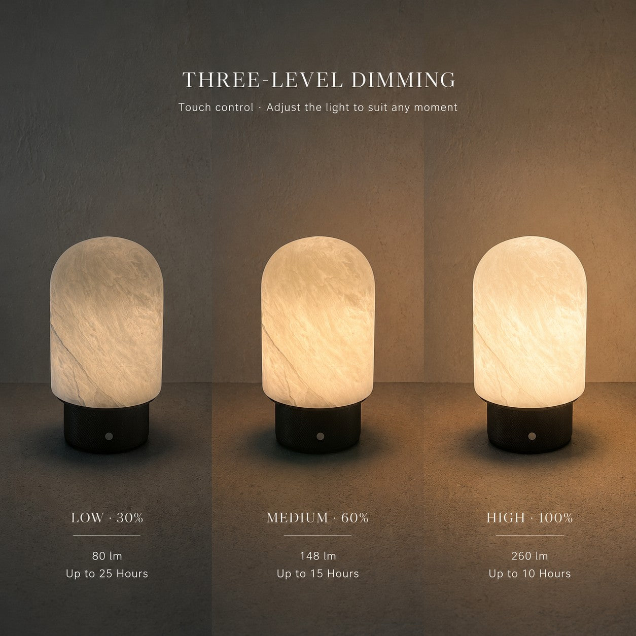 Natural Spanish Alabaster Cordless Rechargeable Dome Table Lamp with 3-Level Dimmable Flicker-Free LED and Long-Lasting Battery Bedside Lamp