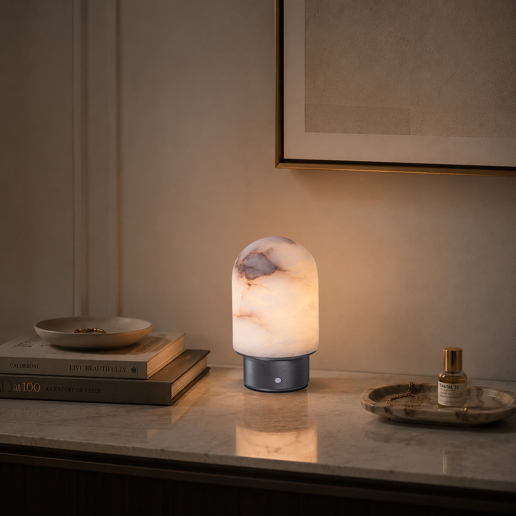Natural Spanish Alabaster Cordless Rechargeable Dome Table Lamp with 3-Level Dimmable Flicker-Free LED and Long-Lasting Battery Bedside Lamp