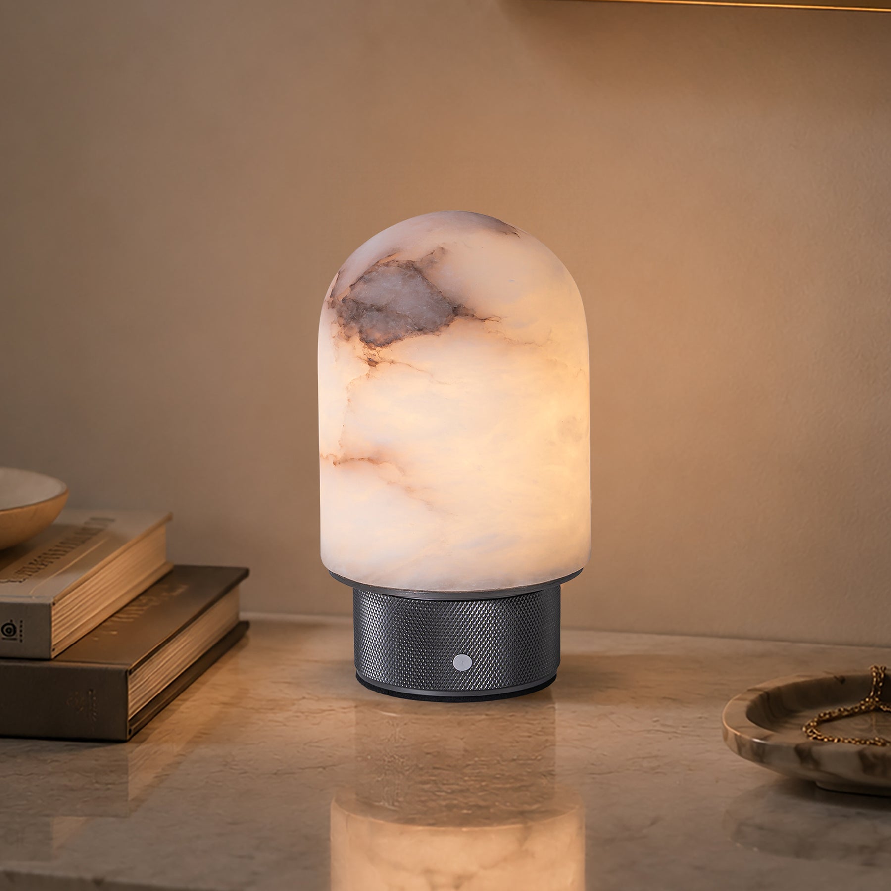 Natural Spanish Alabaster Cordless Rechargeable Dome Table Lamp with 3-Level Dimmable Flicker-Free LED and Long-Lasting Battery Bedside Lamp