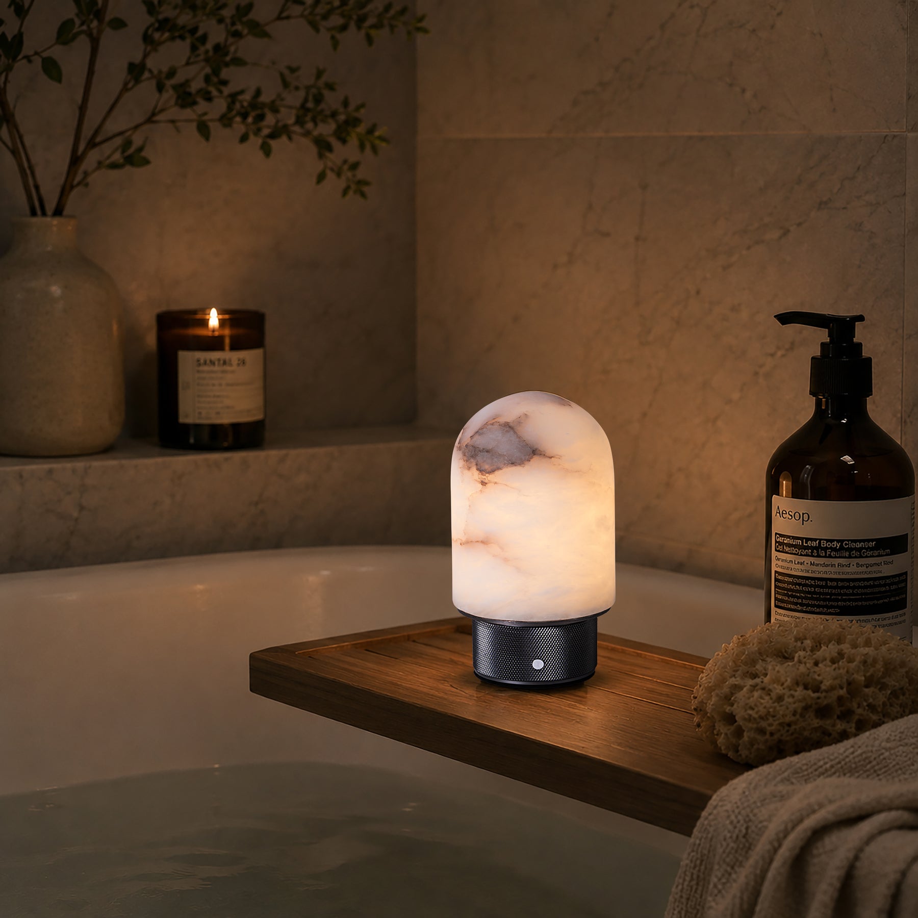 Natural Spanish Alabaster Cordless Rechargeable Dome Table Lamp with 3-Level Dimmable Flicker-Free LED and Long-Lasting Battery Bedside Lamp