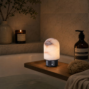 Natural Spanish Alabaster Cordless Rechargeable Dome Table Lamp with 3-Level Dimmable Flicker-Free LED and Long-Lasting Battery Bedside Lamp