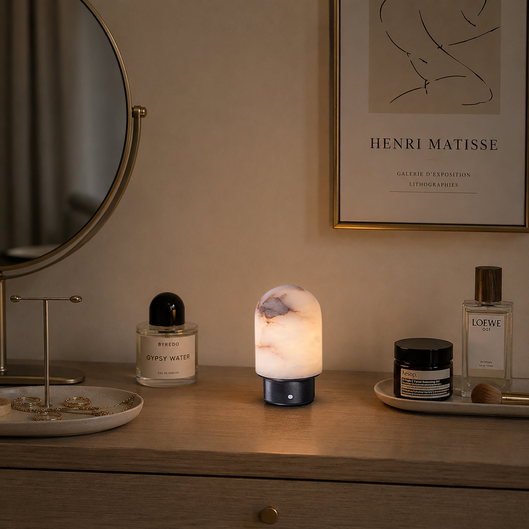 Natural Spanish Alabaster Cordless Rechargeable Dome Table Lamp with 3-Level Dimmable Flicker-Free LED and Long-Lasting Battery Bedside Lamp