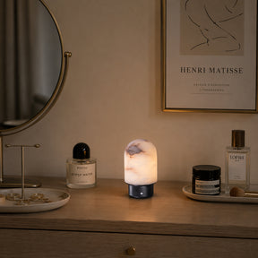 Natural Spanish Alabaster Cordless Rechargeable Dome Table Lamp with 3-Level Dimmable Flicker-Free LED and Long-Lasting Battery Bedside Lamp